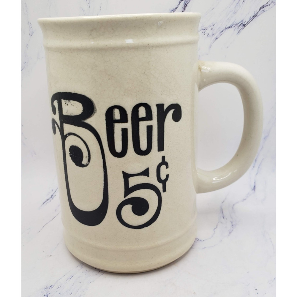 Black and Ivory Ceramic Porcelain Vintage 5 Cent Beer Mug